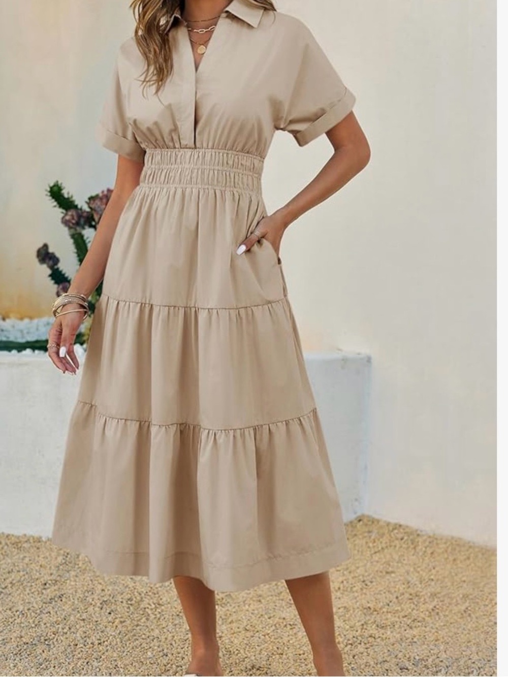 Tiered Shirtdress in Beige - Classic  Dress